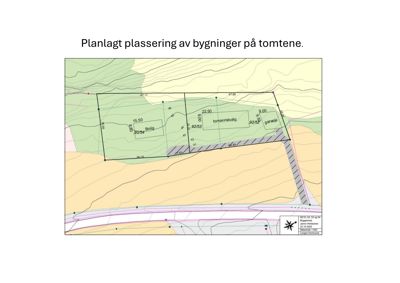 Situasjonsplan som viser planlagt plassering av boliger og garasje på tomtene, med høydemålinger og topografi.