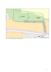 Situasjonskart som viser tomtene (Tomt 1 og Tomt 2), deres grenser, og forhold til omgivelsene (veier, høydemål).