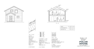 Bildet viser en fasadetegning (opprikk) av en hytte sett fra fronten, samt et snitt (A-A) som viser romfordeling og konstruksjon. Det inneholder også tekniske detaljer for tak, vegger og gulv.