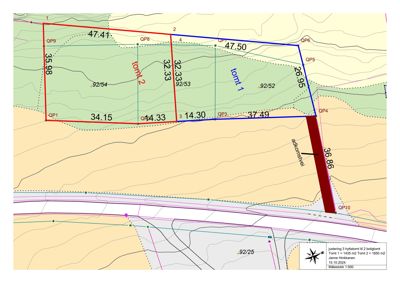 Situasjonsplan som viser tomtsgrenser, høydemålinger (konturer) og en akkumuleringsvei.