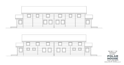 Fasadetegning som viser fronten på en bygning sett fra utsiden. Tegningen viser takform, vinduoppsett og fasadepanelering.