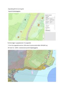 Bildet viser to kart: øverst en detaljert karttegning (oppmåling) av eiendomsgrenser og arealbruk, og nederst en situasjonskart med nabolagsstruktur og infrastruktur.