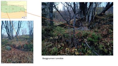 Et kart med topografiske linjer og en markert tomt, koblet til to fotografier som viser terrenget på stedet.