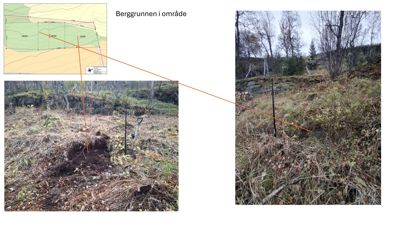 Fotografier av berggrunn i et område, illustrert sammen med en situasjonsplan.