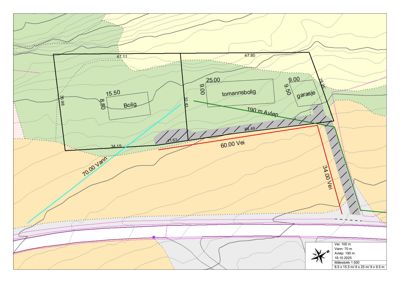 Situasjonsplan som viser tomtens form, høydemålerlinjer, nabolag (tomannsbolig), veier og vannveier.