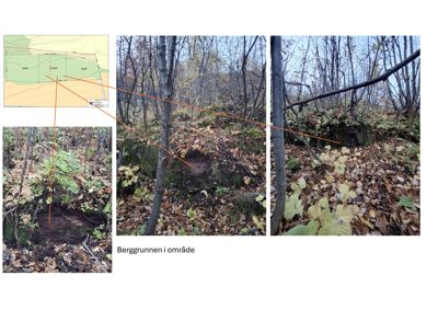 Fotografier av berggrunnen i et område, illustrert med en situasjonsplan i øvre venstre hjørne.