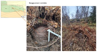 Fotografier av berggrunnssonderinger i et område, illustrert med en situasjonskart i øvre venstre hjørne.