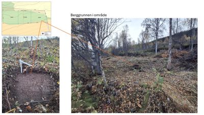 Fotografier av et byggeområde som viser berggrunnen, inkludert en situasjonsplan og en utgravd prøvegrøft.