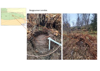 Fotografier av et berggrunnsskjæringsfelt (boringsfelt) med tilhørende situasjonskart som viser plassering.