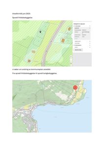 Bildet viser to kart. Det øverste er en detaljert arealbrukskart fra et digitalt kartsystem (Kartdata.no) som viser bebyggelse og arealformål. Det nedre er en oversiktskart over et kystområde med en markert lokasjon.