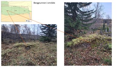 En situasjonsplan som viser berggrunnen i området, illustrert med en oversiktskart og detaljfotografier av terrenget.
