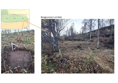 Fotografier av berggrunnen i et område, inkludert et kartutsnitt som viser plassen for uttak.