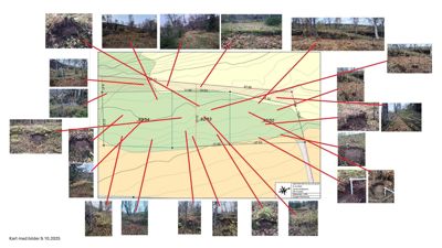 Situasjonsplan med topografi (konturlinjer), arealoppdelinger og en rekke fotografier av terrenget knyttet til spesifikke punkter på planen.