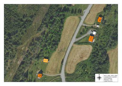 Situasjonsplan som viser tomtens plassering i forhold til nabolag, vei og terrengforhold (konturlinjer).