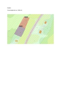 Situasjonsplan som viser to nye boligtomter (markert med lilla og oransje farge) på en tomt, med angitte arealer og plassering i forhold til vei og eksisterende bebyggelse.