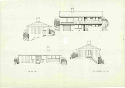 En tegning som viser fire forskjellige fasadeoppsett for en bolig (Type NR 433 + B).