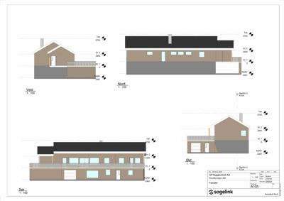 Fasadetegning som viser bygningens utseende fra fire sider (Vest, Nord, Øst, Sør) med høydeangivelser.