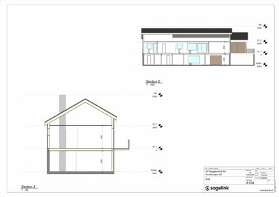 Snittegning (Section 2 og Section 3) som viser bygningens tverrsnitt, høyder og konstruksjon.