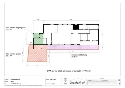 Etasjeplan med romfordeling og dimensjoner for en bolig, inkludert beregnet BYA (Bruksareal).