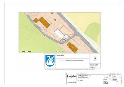 Kartutsnitt som viser bygningens plassering i forhold til eiendomsgrenser, vei og nabolag.