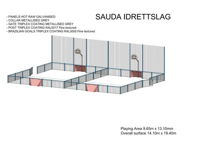3D-visualisering av en basketballbane med detaljer om materialer og mål.