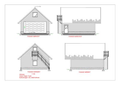 Fasadetegning som viser bygningens utsyn fra fire sider (Sørvest, Nordvest, Nordøst og Sørøst).