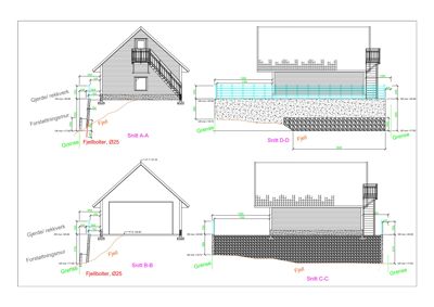 Snittegninger (Snitt A-A, B-B, C-C og D-D) som viser bygningens tverrsnitt, grunnmurkonstruksjon, fjellbolting og nivåer.