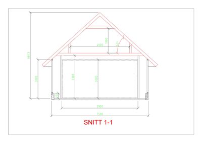 Snittegning (SNITT 1-1) som viser tverrsnittet av en bygning med mål på tak, vegger og gulv.