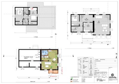 Etasjeplaner for en bolig som viser romfordeling, dimensjoner og areal for 1. etasje, 2. etasje og kjeller.