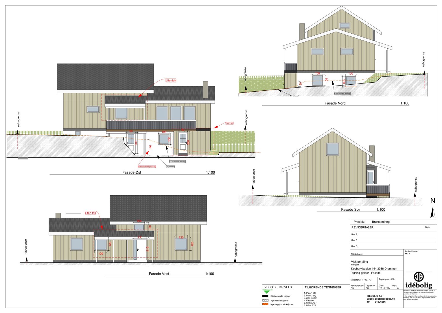 Fasadetegning som viser bygningens utseende fra fire sider (Nord, Sør, Vest, Øst) med mål og detaljer.