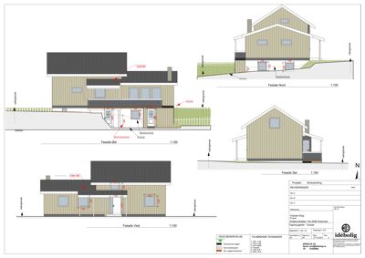 Fasadetegning som viser bygningens utseende fra fire sider (Nord, Sør, Vest, Øst) med mål og detaljer.