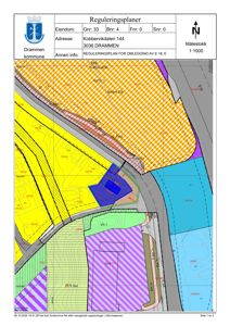 Reguleringsplan (situasjonsplan) for eiendommen Kobbervikdalen 144 i Drammen, som viser tomtegrenser, arealbruk og bygningers plassering.