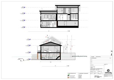 Snittegning som viser bygningens tverrsnitt, romfordeling og høyder.
