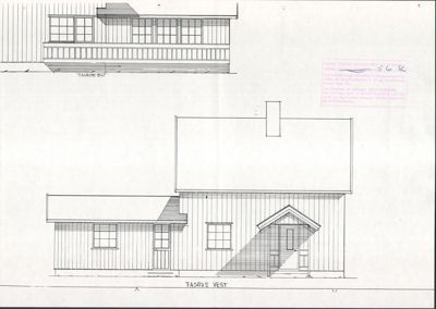Tegning som viser fasaden av en bygning sett fra to ulike vinkler (vest og øst).
