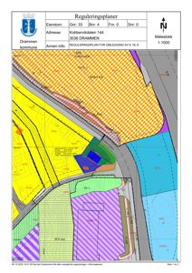 Reguleringsplan (situasjonsplan) som viser eiendomsforhold, arealbruk og bygningsplassering for Kobbervikdalen 144.