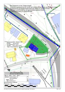 Situasjonskart som viser tomtens beliggenhet, eksisterende og planlagt bebyggelse, vegnett, høyder (konturer) og arealdata for en byggesak.