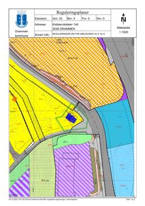 Reguleringsplan som viser tomtegrenser, arealbruk og bygningsplassering for eiendommen Kobbervikdalen 144.
