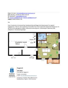 Etasjeplan eller romfordeling for en bygning, som viser rom som stue, kjøkken og soverom.