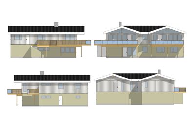 Bildet viser fire fasadetegninger (opprikk) av en bolig sett fra ulike vinkler. Tegningene illustrerer bygningens utvendige utseende, inkludert takform, vinduer, balkonger og materialvalg.