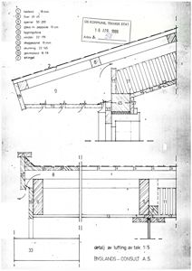 Tegning som viser detaljert oppriss av takkonstruksjon med lufting, inkludert materialer (takbord, sperre, skingel) og dimensjoner.