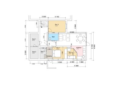 Etasjeplan som viser romfordeling, dimensjoner og arealer for et hus.