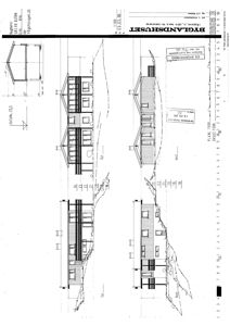 Fasadetegning som viser bygningens utseende fra fire ulike vinkler (Sør, Vest, Nord, Øst) med mål og detaljer.