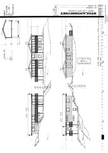 Fasadetegning som viser bygningens utseende fra fire ulike sider (Nord, Sør, Vest, Øst) med mål og detaljer.