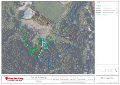 Ortofotokart (flyfoto) med overlagte spor for pumptrack og sykkelsti i Narvik, Norge.