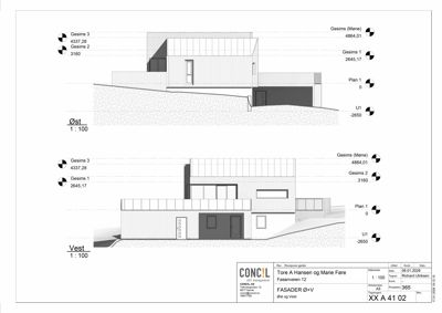 Fasadetegning som viser bygningens utseende sett fra øst og vest, inkludert høydeoppgaver (gesimer) og skala.