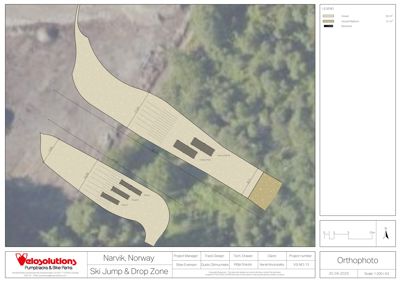 En ortofoto (flyfoto) av et skihopp- og dropområde i Narvik, med overlagte tegninger som viser spor, hoppbakker og elementer.