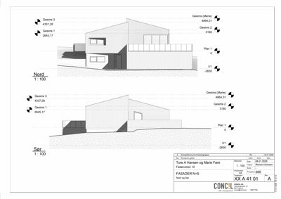 Fasadetegning som viser bygningens utseende sett fra nord og sør, med høydemål og orientering.