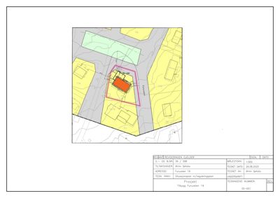 Situasjonsplan med reguleringsplan som viser tomtens grenser, bygningers plassering og omgivelsene.