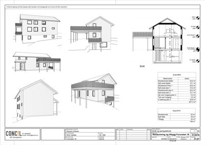 Bildet viser en tegning med fasadeperspektiver (opprikk) av et hus, samt et snitt og arealoversikt.