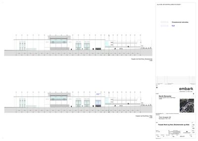 Fasadetegning som viser bygningens utseende sett fra nord og vest, med oppriss av vinduer, dører og fasadeelementer.